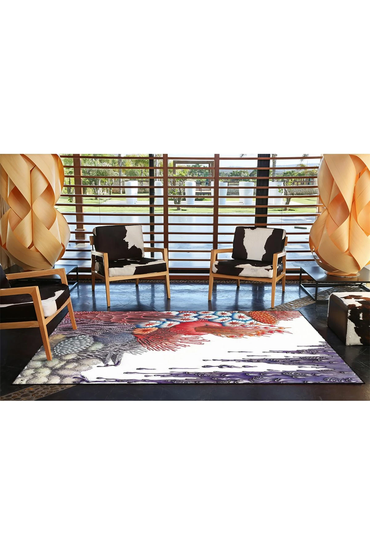 Beyaz Tonlu Deniz Dibi Canlı Desenli Dekoratif Yıkanabilir Halı miravip8457