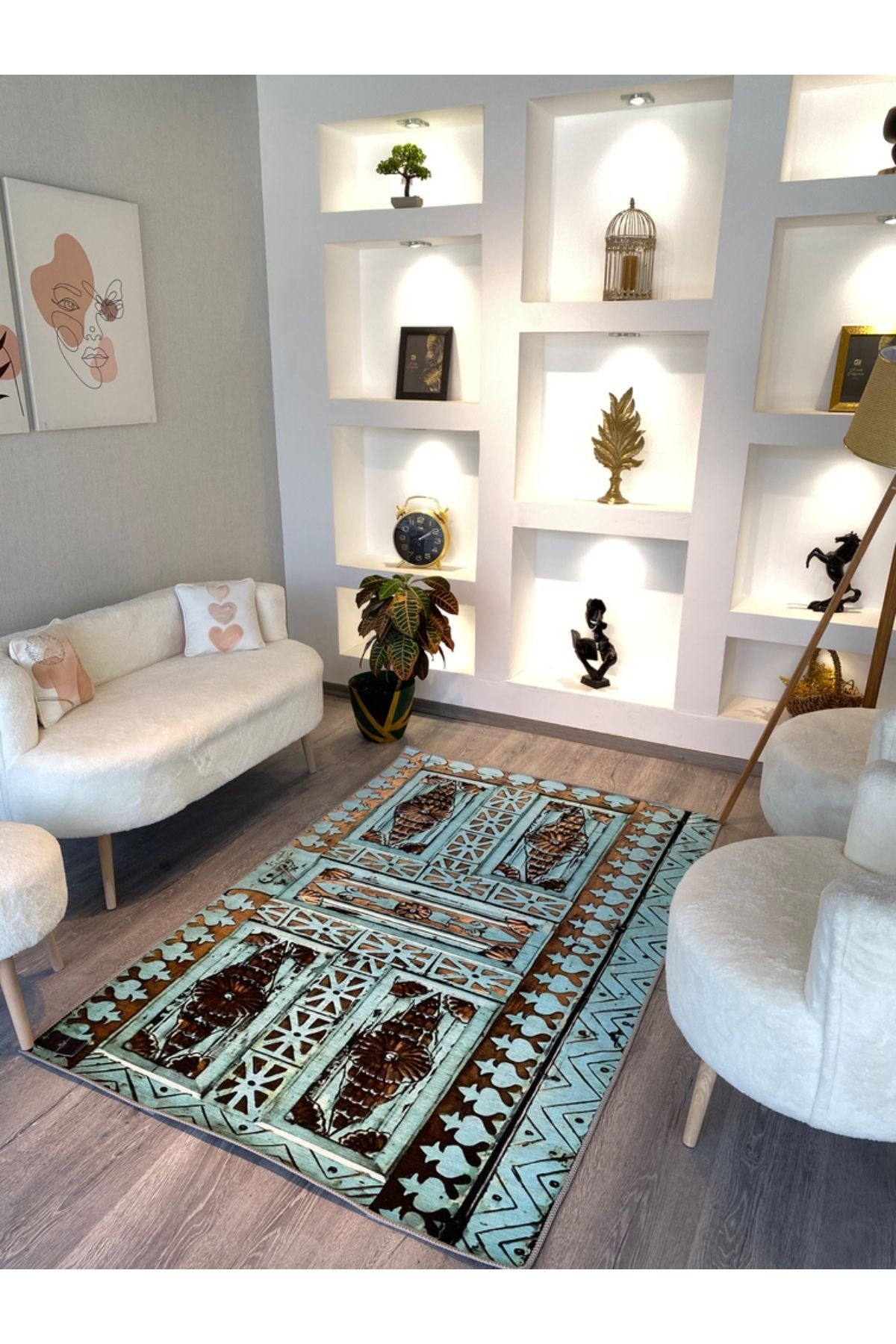 Seda Koleksiyonu Turkuaz Kahverengi Antik Desenli Dokuma Taban Modern Dekoratif Halı seda04