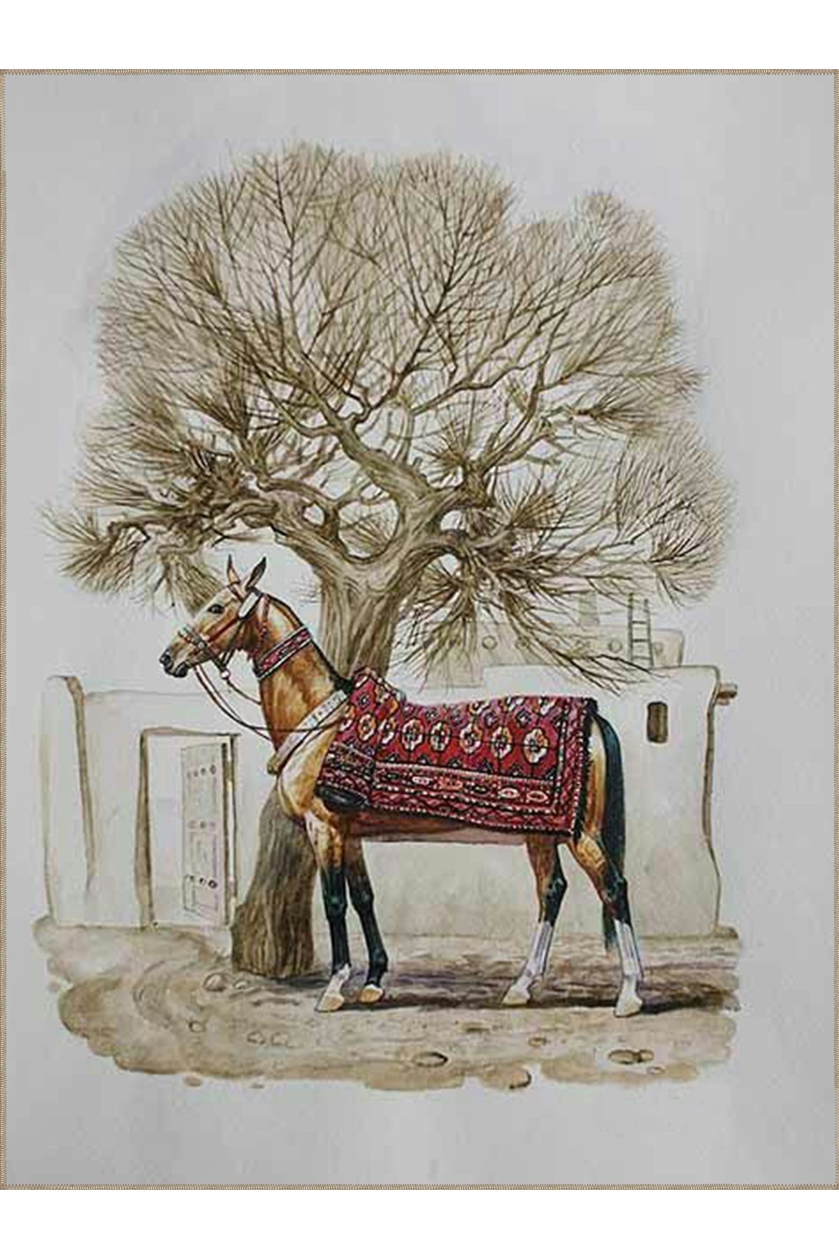 Seda Koleksiyonu Ağaç ve At Desenli Dokuma Taban Modern Dekoratif Halı seda33