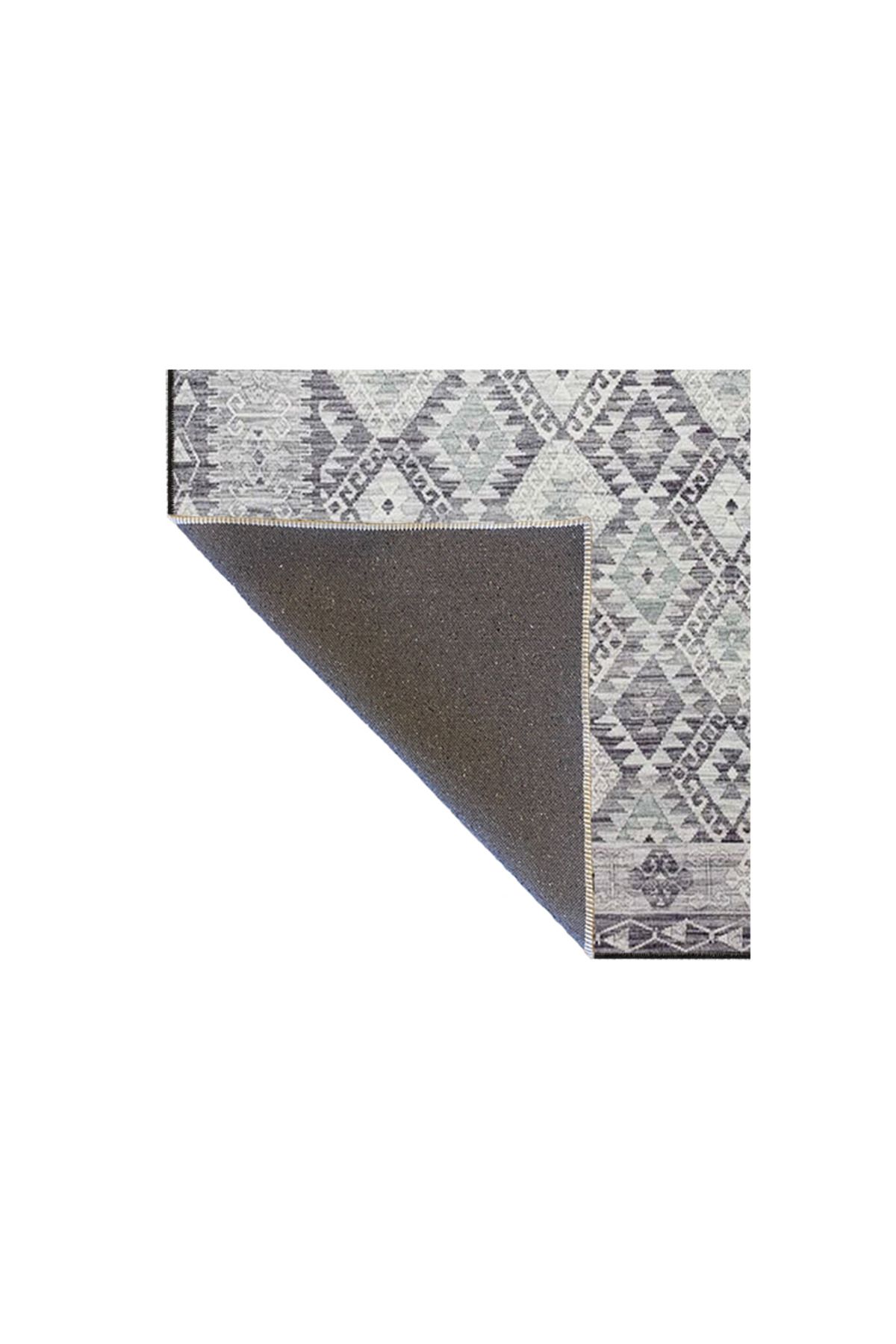 Gri Tonlarda Geleneksel Baklavalı ve Çapraz Çizgili Desenli Dokuma Taban Halı miravip326