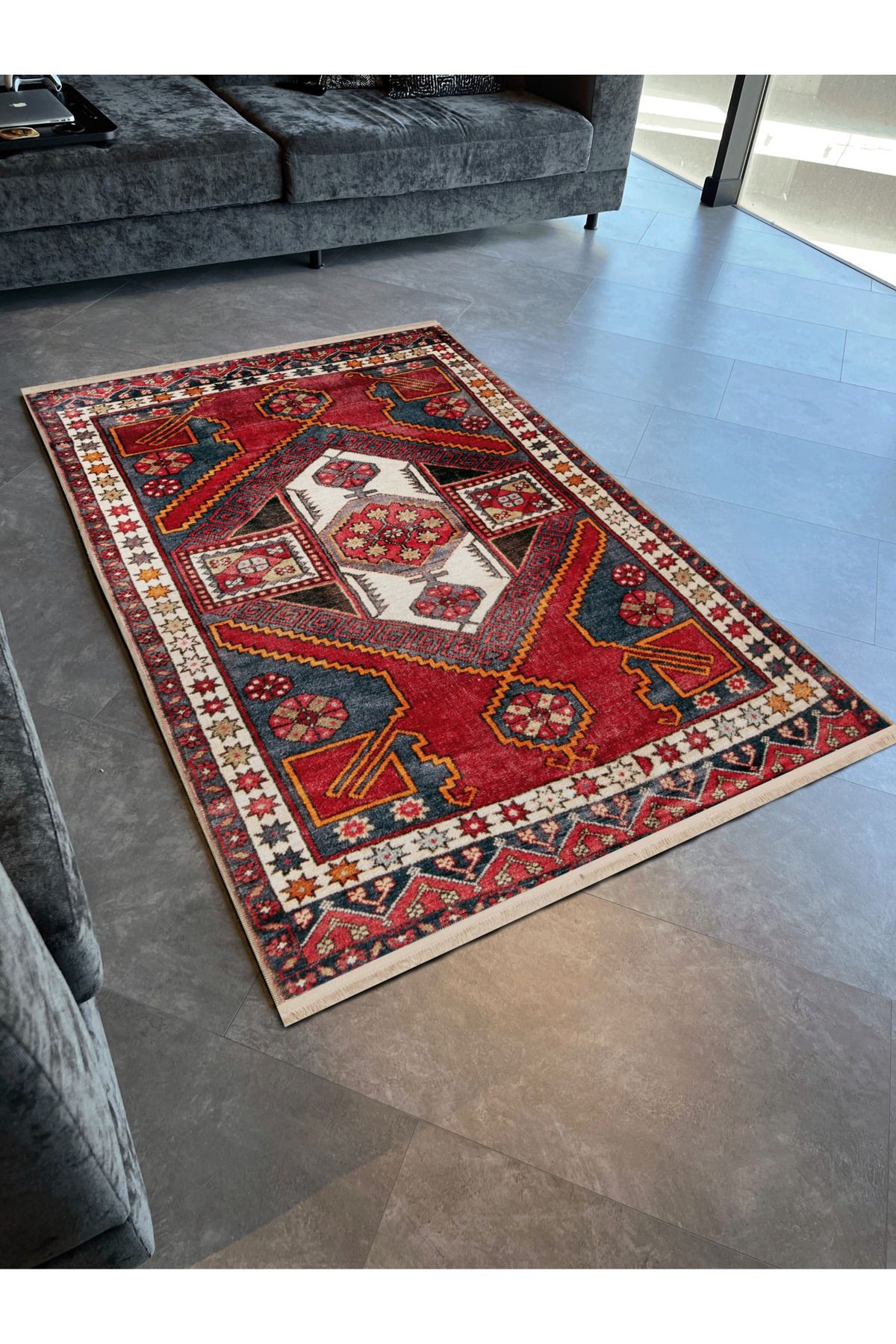 Mavi Kırmızı Temalı Geleneksel Motif Etnik Desenli Kreatif Vintage Dekoratif Halı 2453