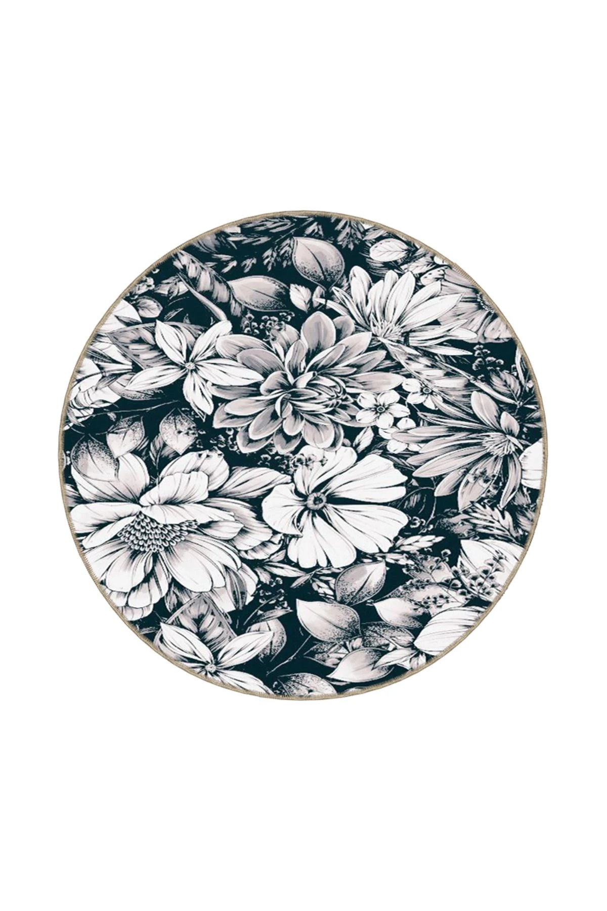 Beyaz Temalı Siyah Floral Çizgili Desenli Dokuma Taban Halı ve Yıkanabilir Halı miravip9924