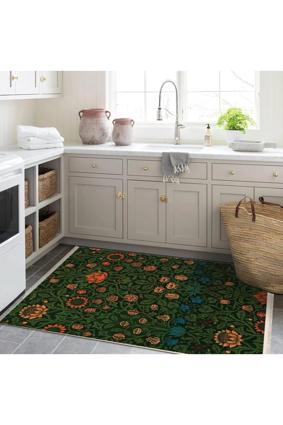 Özge Koleksiyonu Koyu Yeşil Sarmaşık Detaylı Turuncu Mavi Çiçekli Dokuma Taban Dekoratif Halı özge09