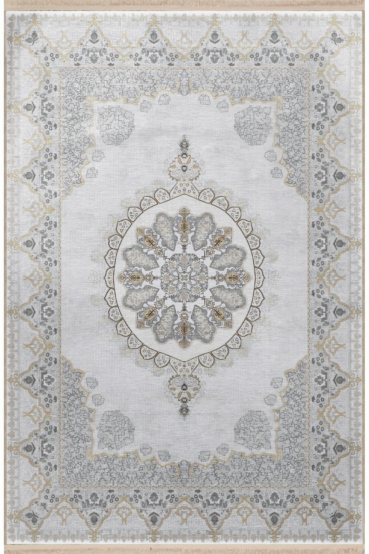 Bej Gri Temalı Geleneksel Motif Etnik Desenli Kreatif Vintage Dekoratif Halı 2391