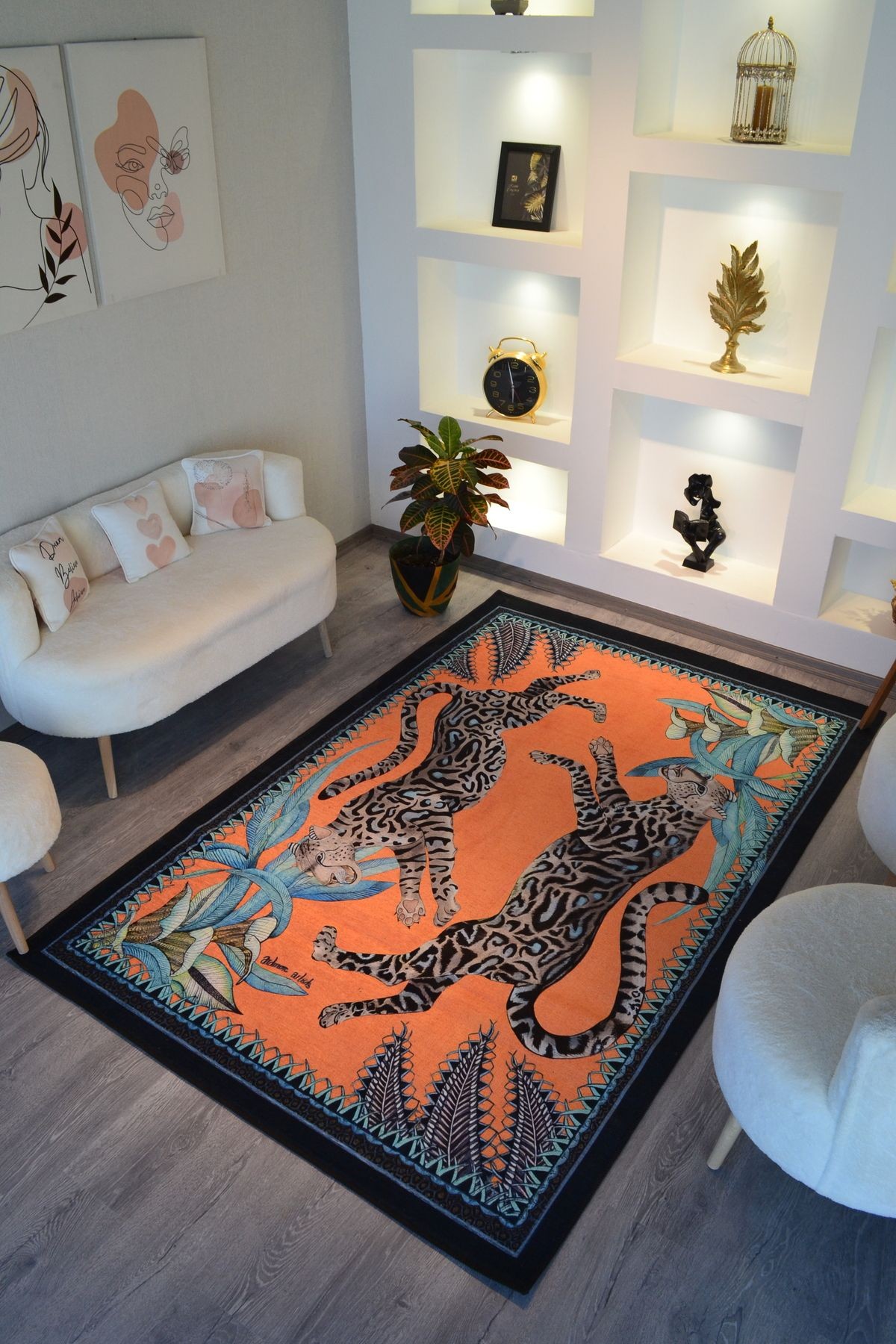 Turuncu Leopar Hayvan Desenli Modern Dekoratif Halı miravip294