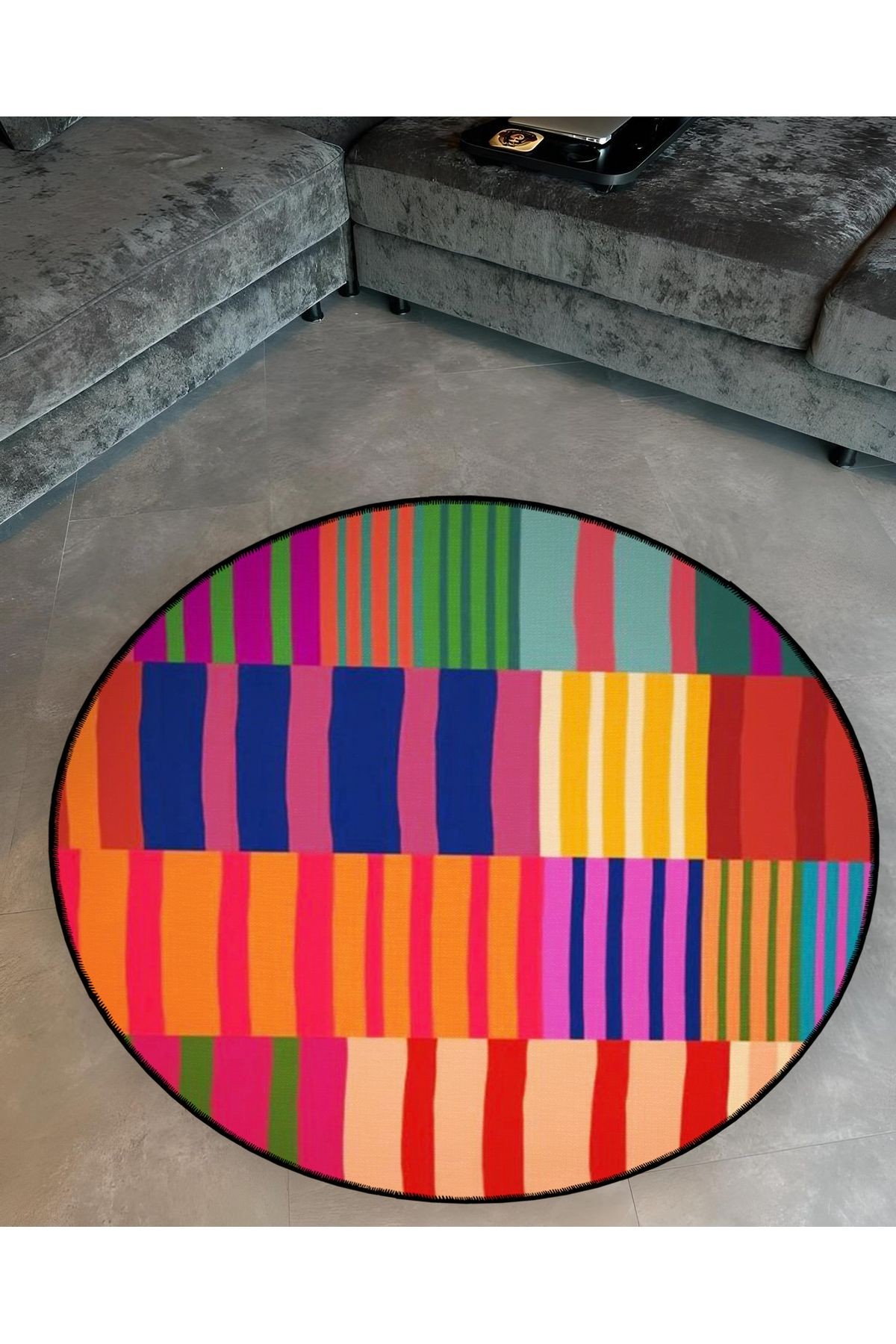 Çok Renkli Çizgili Geometrik Desenli Yuvarlak Dokuma Taban Modern Dekoratif Halı 6103