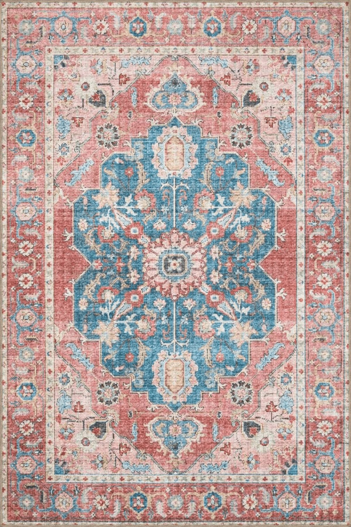 Mavi Kırmızı Temalı Geleneksel Motif Etnik Desenli Vintage Dekoratif Halı 4784