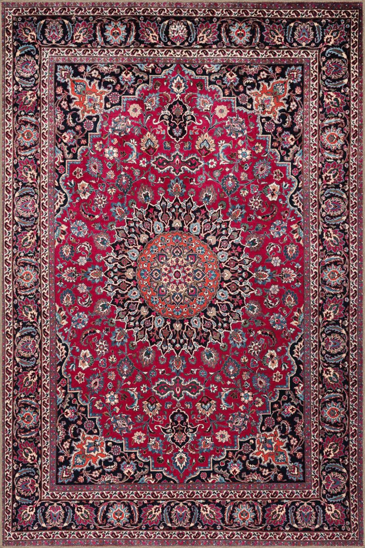 Kırmızı Temalı Çok Renkli Geleneksel Motif Etnik Desenli Vintage Dekoratif Halı 5205