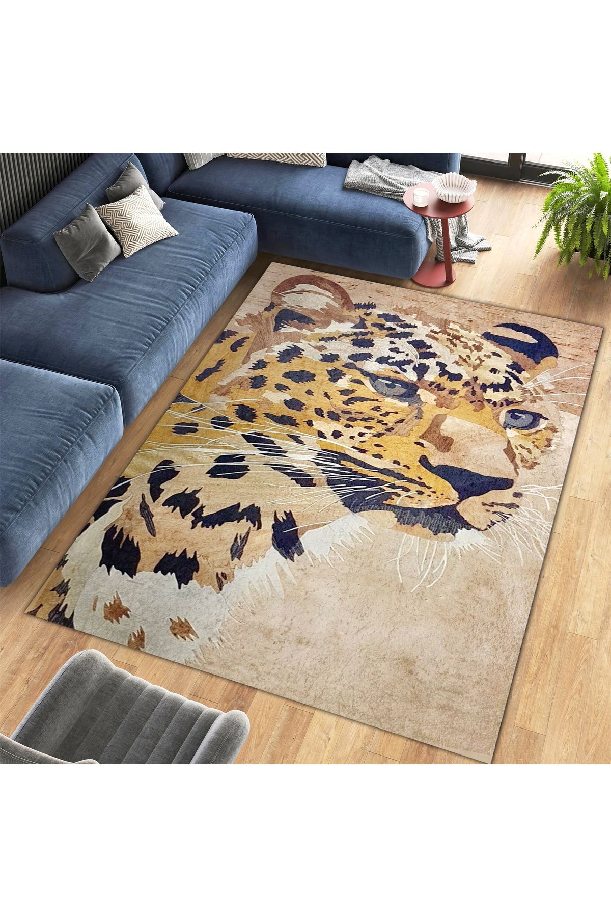 Kuzey Koleksiyonu Sarı Bej Tonlarda Kaplan Desenli Dokuma Taban Modern Dekoratif Halı kuzey28