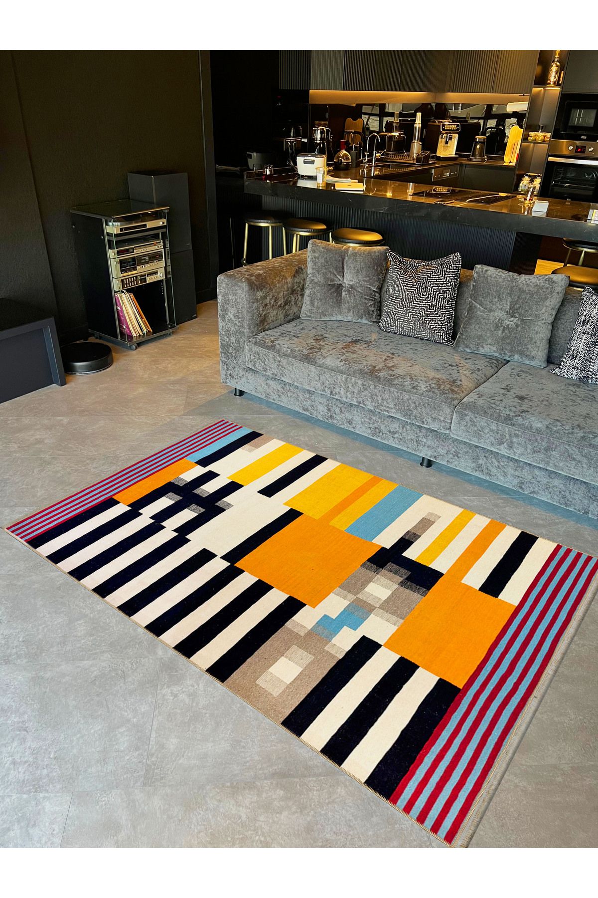 Emre Koleksiyonu Çok Renkli Şerit Çizgili Desenli Dokuma Taban Kreatif Modern Dekoratif Halı 17