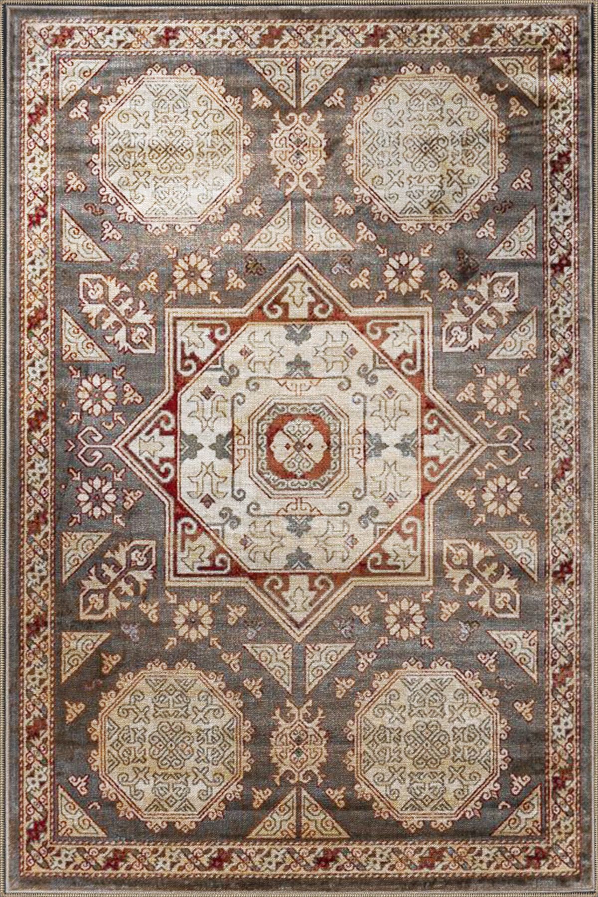 Gri Tonlarında Yıldızlı Geometrik Desenli Dekoratif Halı 4065