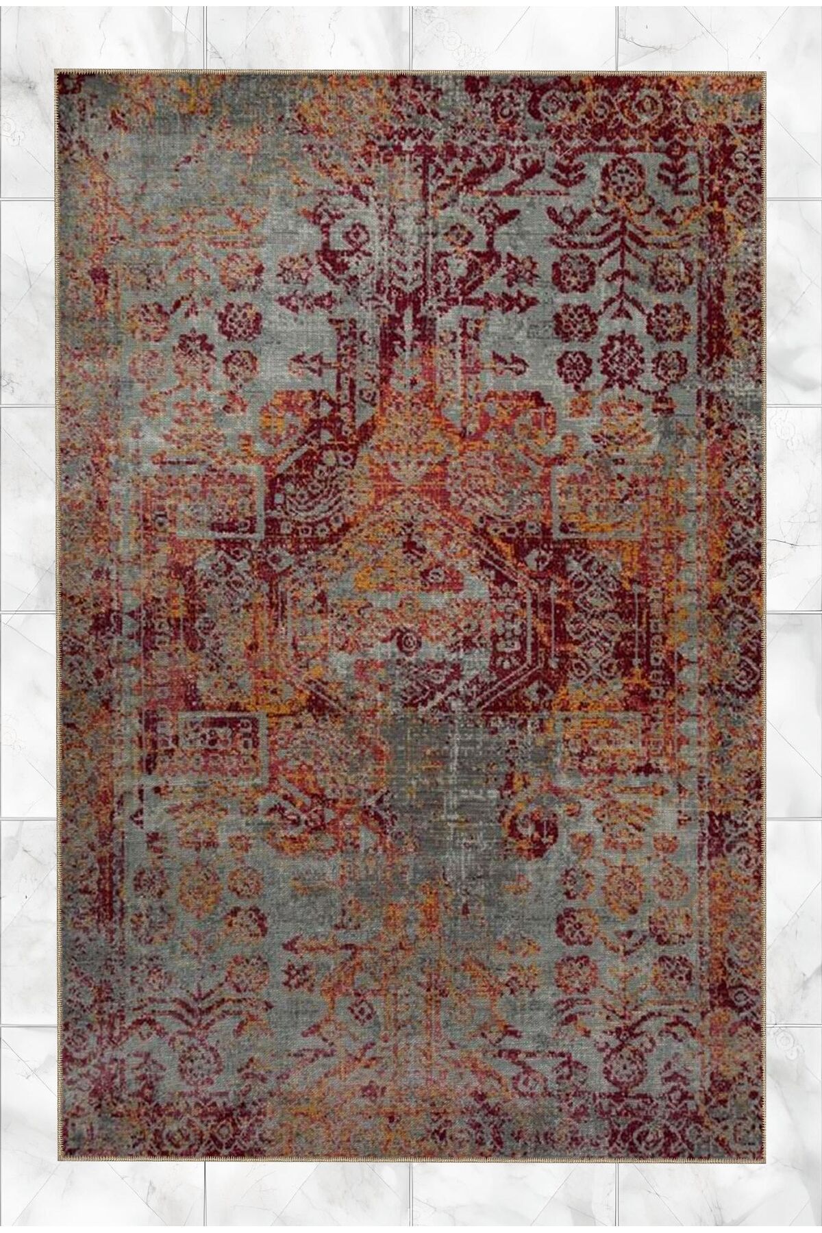 Gri Turuncu Tema Geleneksel Motif Desenli Vintage Dekoratif Halı 5183