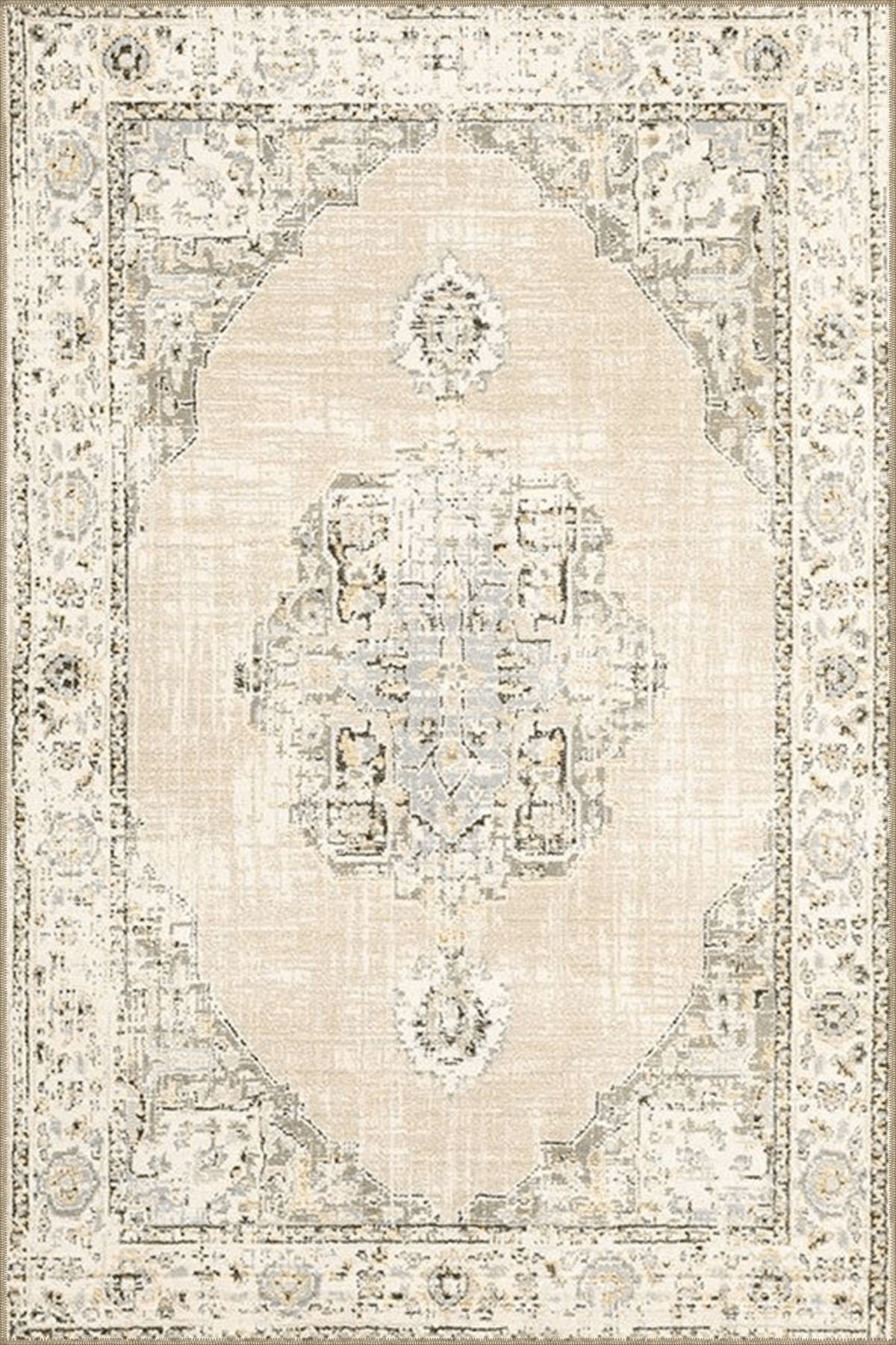 Bej Temalı Geleneksel Motif Desenli Vintage Dekoratif Halı 4601