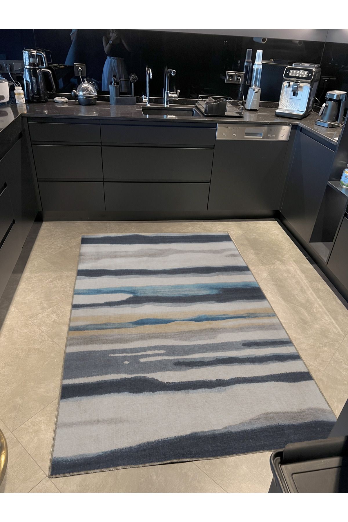 SDNEY Bej Gri Temalı Soyut Şerit Desenli Kreatif Modern Dekoratif Halı 2217