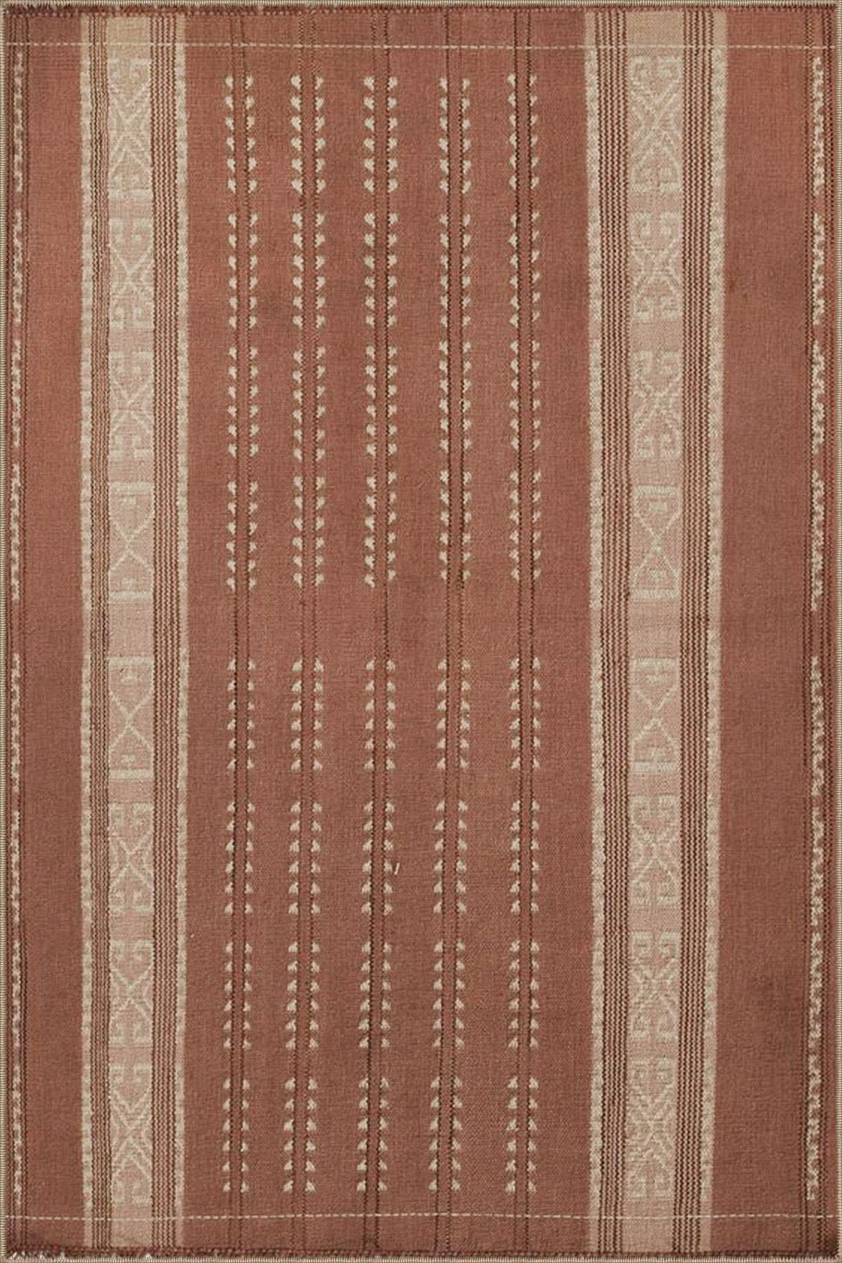 Turuncu Temalı Geometrik Renkli Desenli Dokuma Taban Yıkanabilir Halı miravip9064