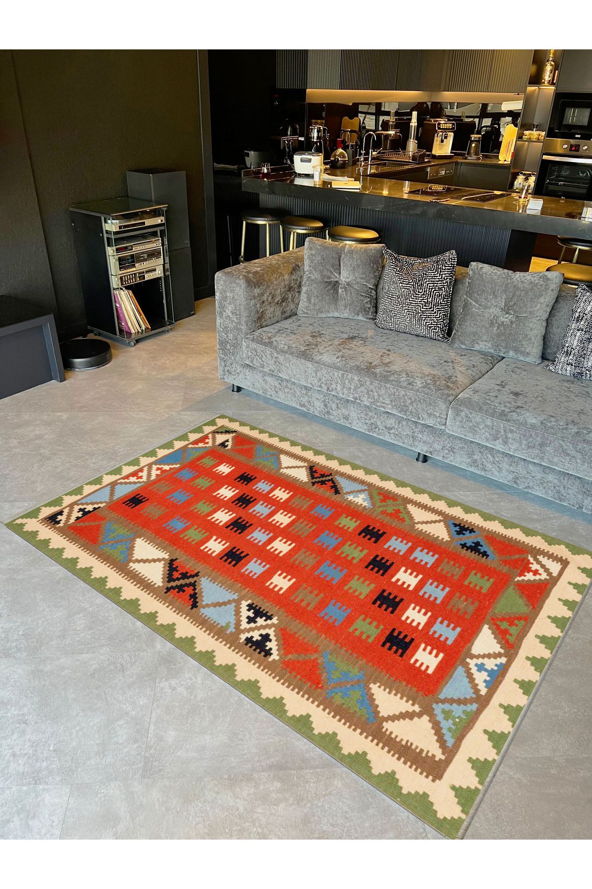 İnci Koleksiyonu Çok Renkli Geometrik Desenli Dokuma Taban Vintage Dekoratif Halı inci24