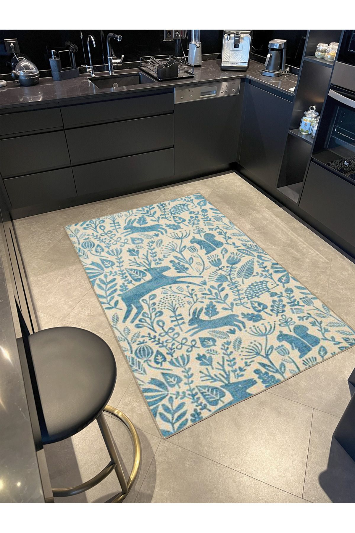 Geleneksel Krem Mavi Animal Desenli Dokuma Taban miravip818