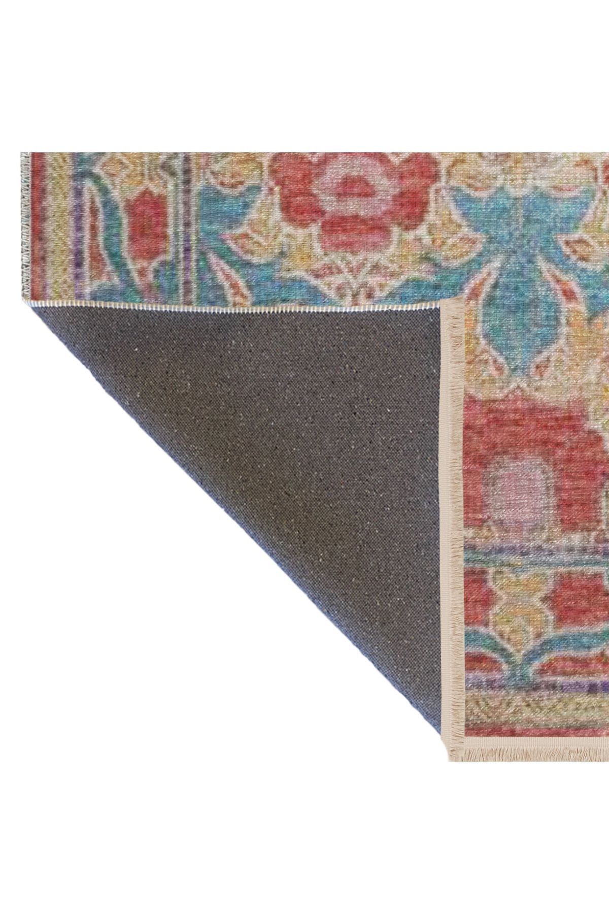 Bej Mavi Temalı Motifli Etnik Çiçek Desenli Saçaklı Vintage Dekoratif Halı 3183