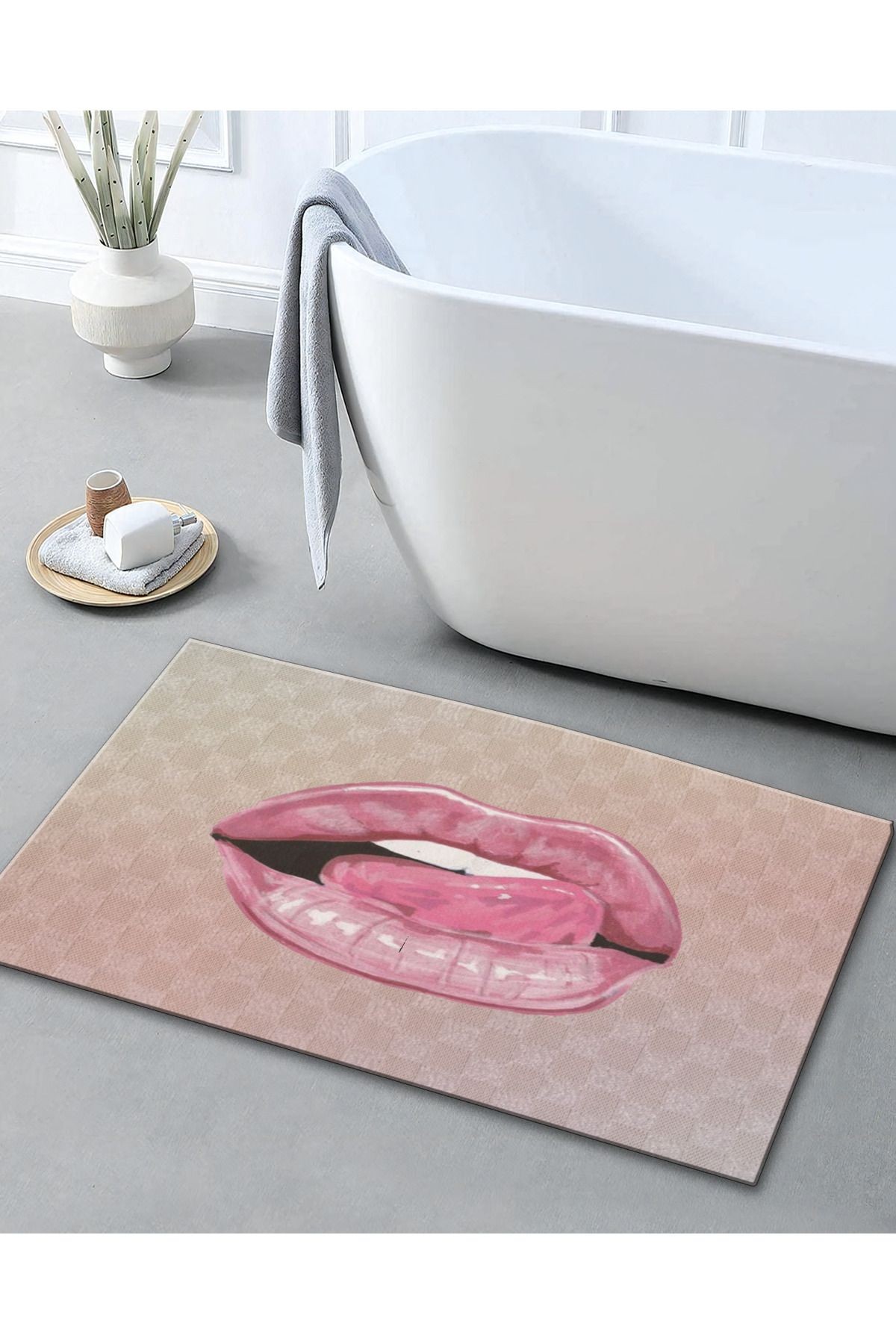 Pembe Temalı Dudak Desenli Modern Dekoratif Banyo Paspası 90×60