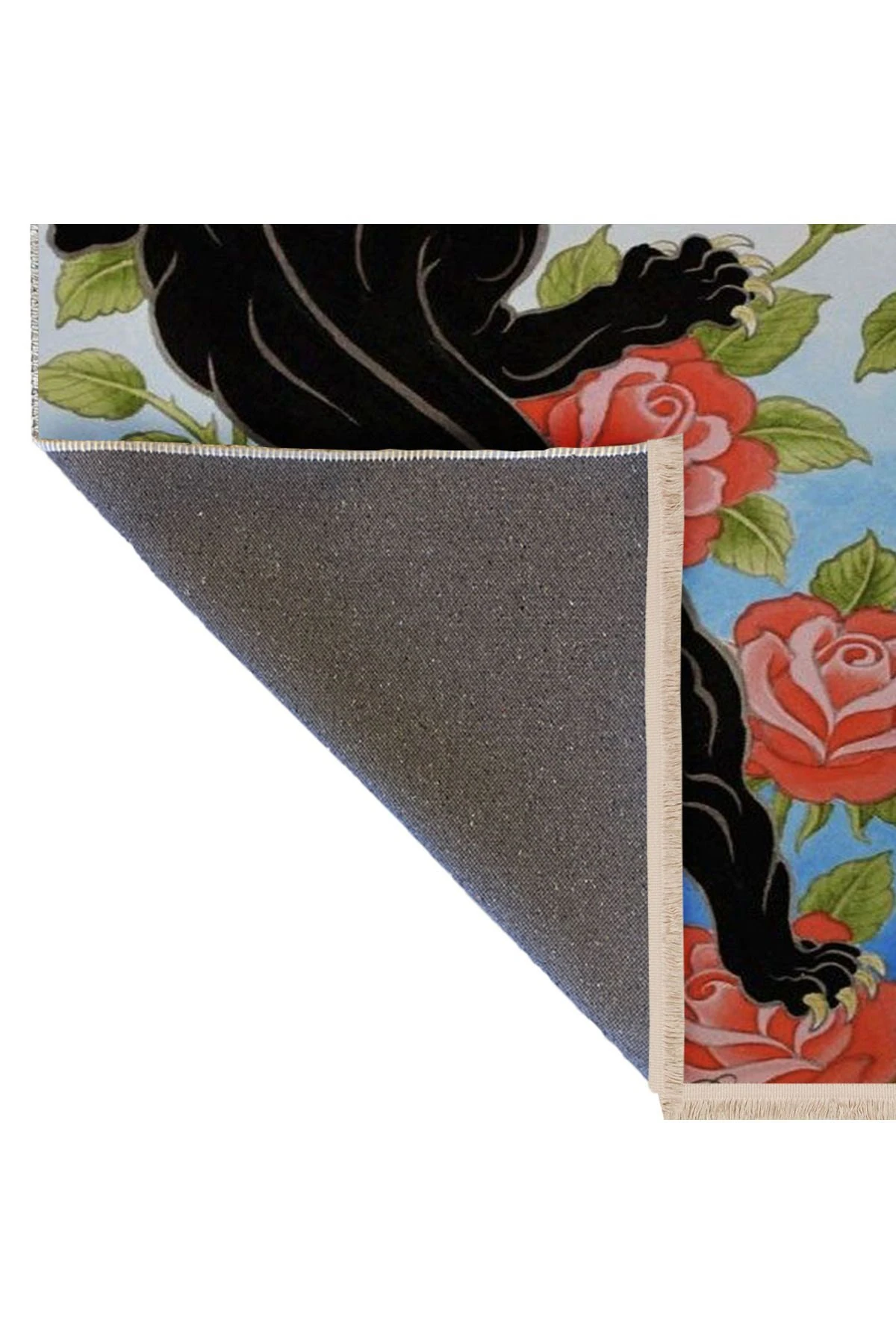 Alya Koleksiyonu Kırmızı Gül Detaylı Siyah Jaguar Desenli Dokuma Taban Dekoratif Halı alya07