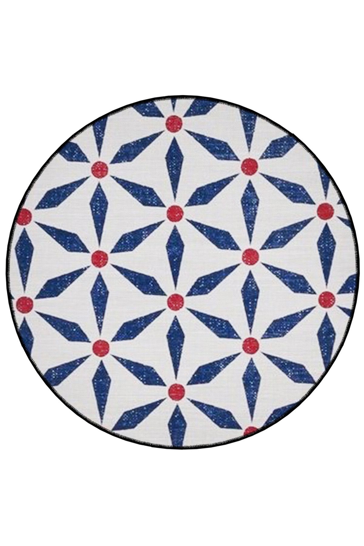 Beyaz Mavi Tema Geometrik Desenli Yuvarlak Dokuma Taban Modern Dekoratif Halı 6096