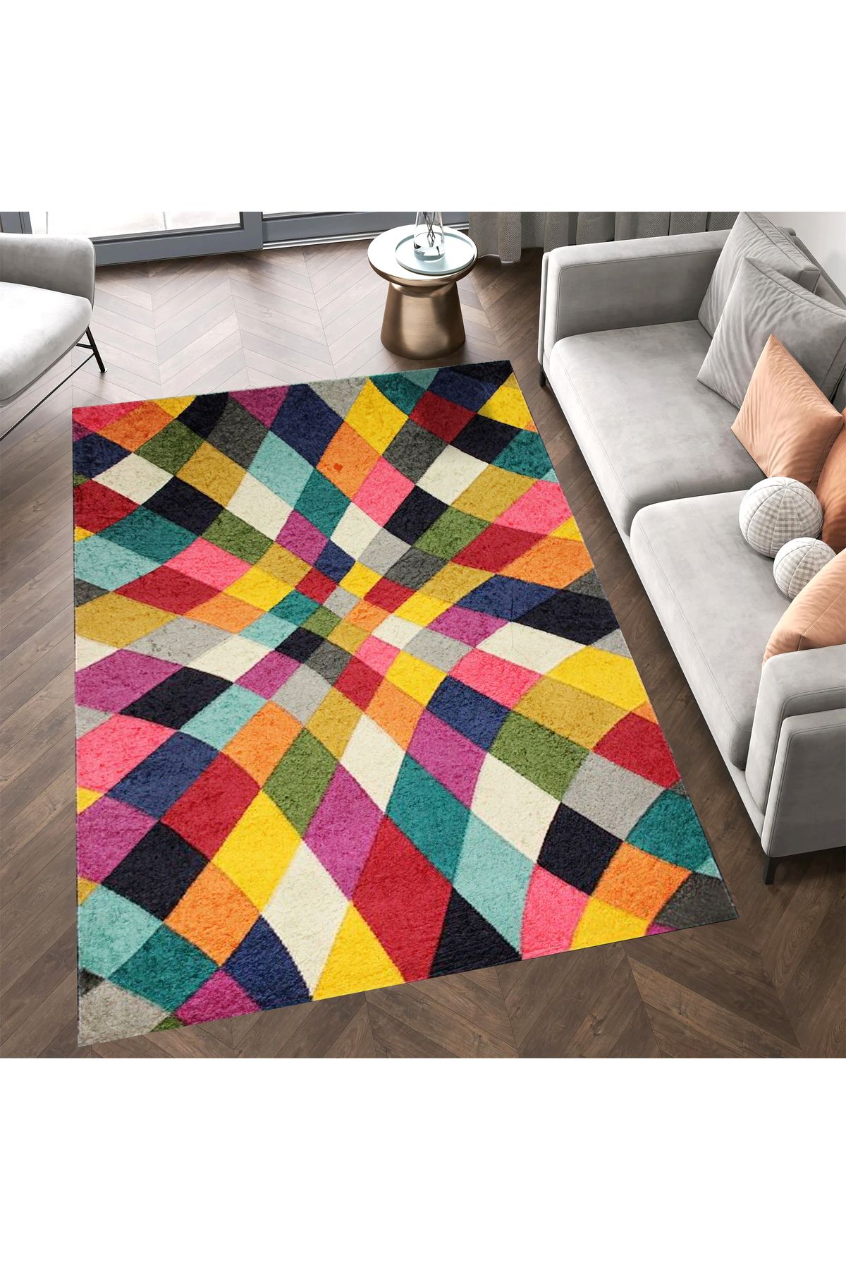 Kuzey Koleksiyonu Çok Renkli Şekiller Dokuma Taban Dekoratif Halı kuzey06