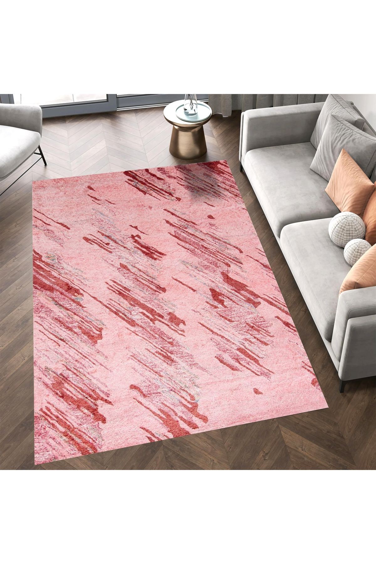 Aysu Koleksiyonu Pembe Kırmızı Soyut  Desenli Dokuma Taban Modern Dekoratif Halı aysu36