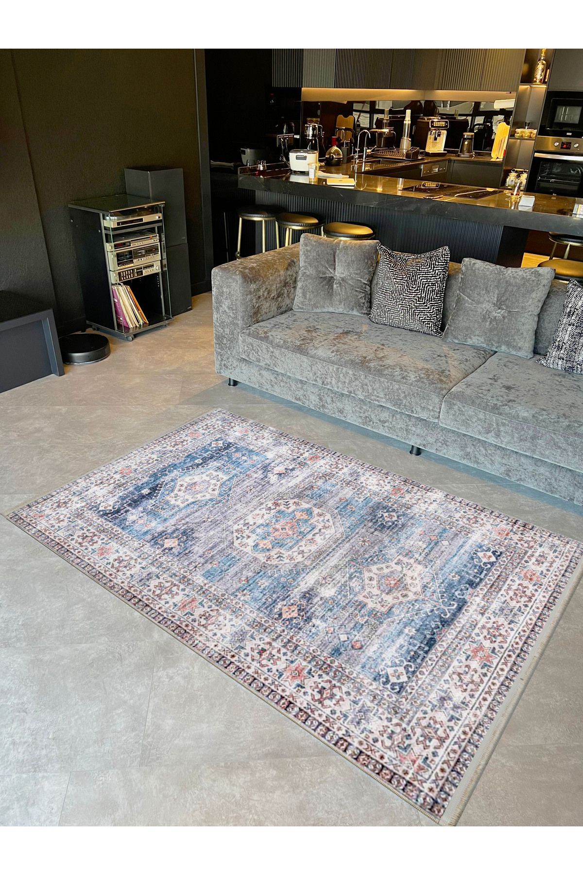 Alya Koleksiyonu Eskitme Görünümlü Mavi Desenli Dokuma Taban Dekoratif Halı alya45