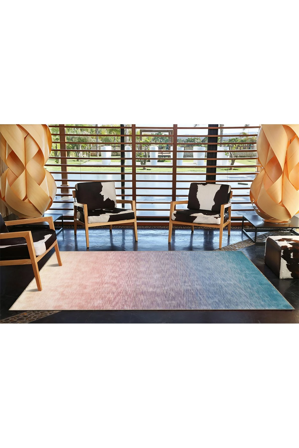 Mavi Pembe Tonlarda Pastel Boyalı Modern Dekoratif Halı 4398