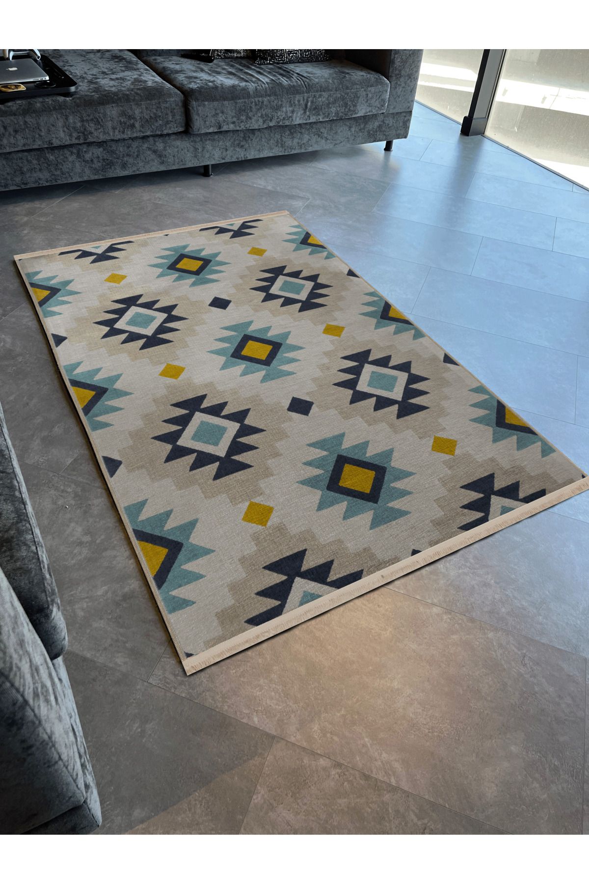 Bej Mavi Temalı Çok Renkli Geometrik Motif Desenli Kreatif Vintage Dekoratif Halı 2757