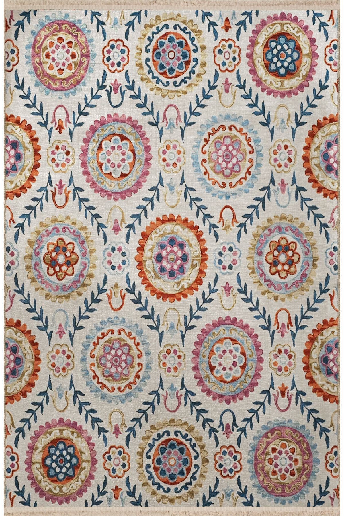 Bej Temalı Çok Renkli Şekil Motifli Çiçek Desenli Kreatif Vintage Dekoratif Halı 2627