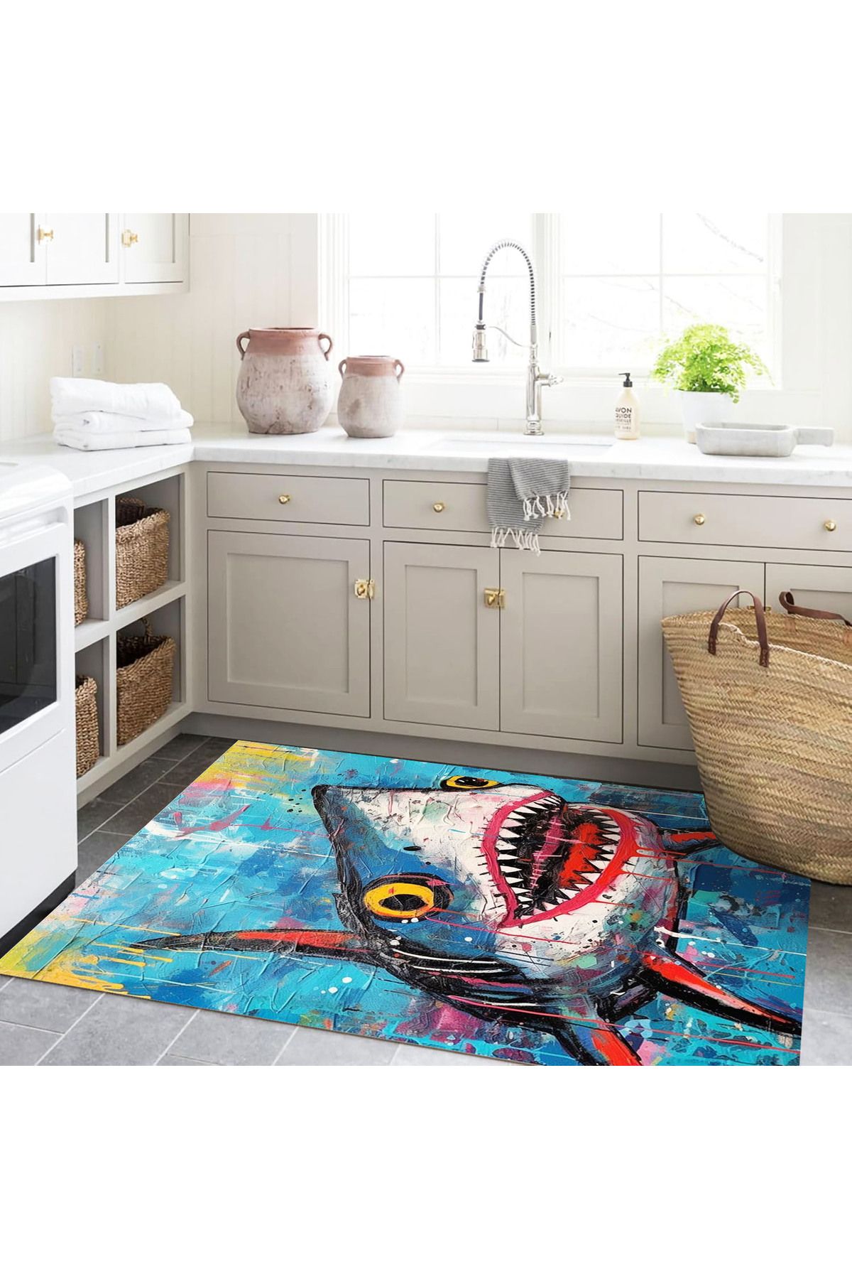 Kemal Koleksiyonu Mavi Temalı Köpekbalığı Desenli Dokuma Taban Modern Dekoratif Halı 48