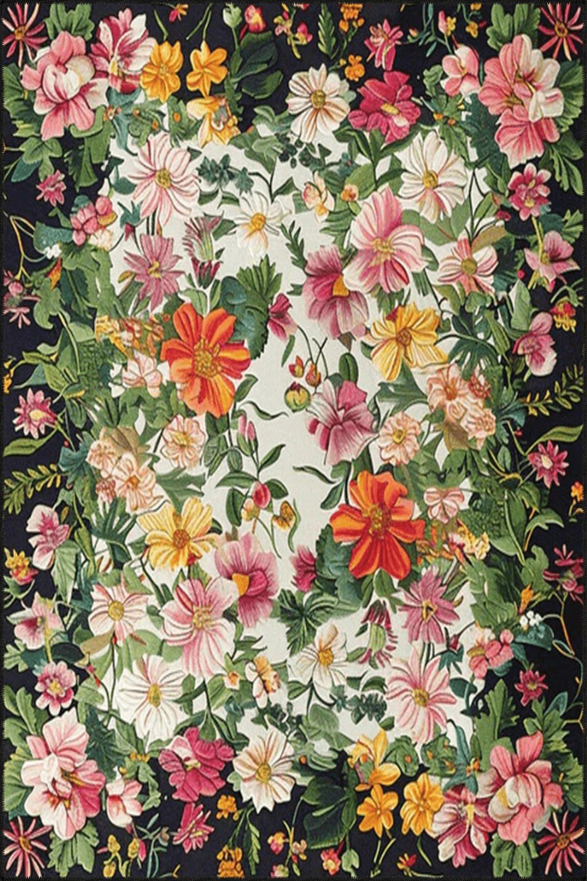 Paris Koleksiyonu Yeşil Tema Çok Renkli Floral Çiçek Motifleri Desenli Vintage Dekoratif Halı 130