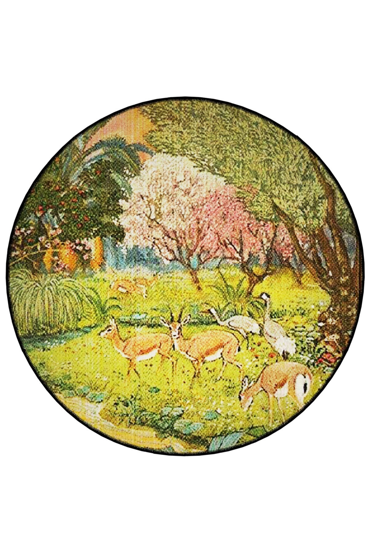 Yeşil Tema Geyik ve Orman Desenli Yuvarlak Dokuma Taban Vintage Dekoratif Halı 6146