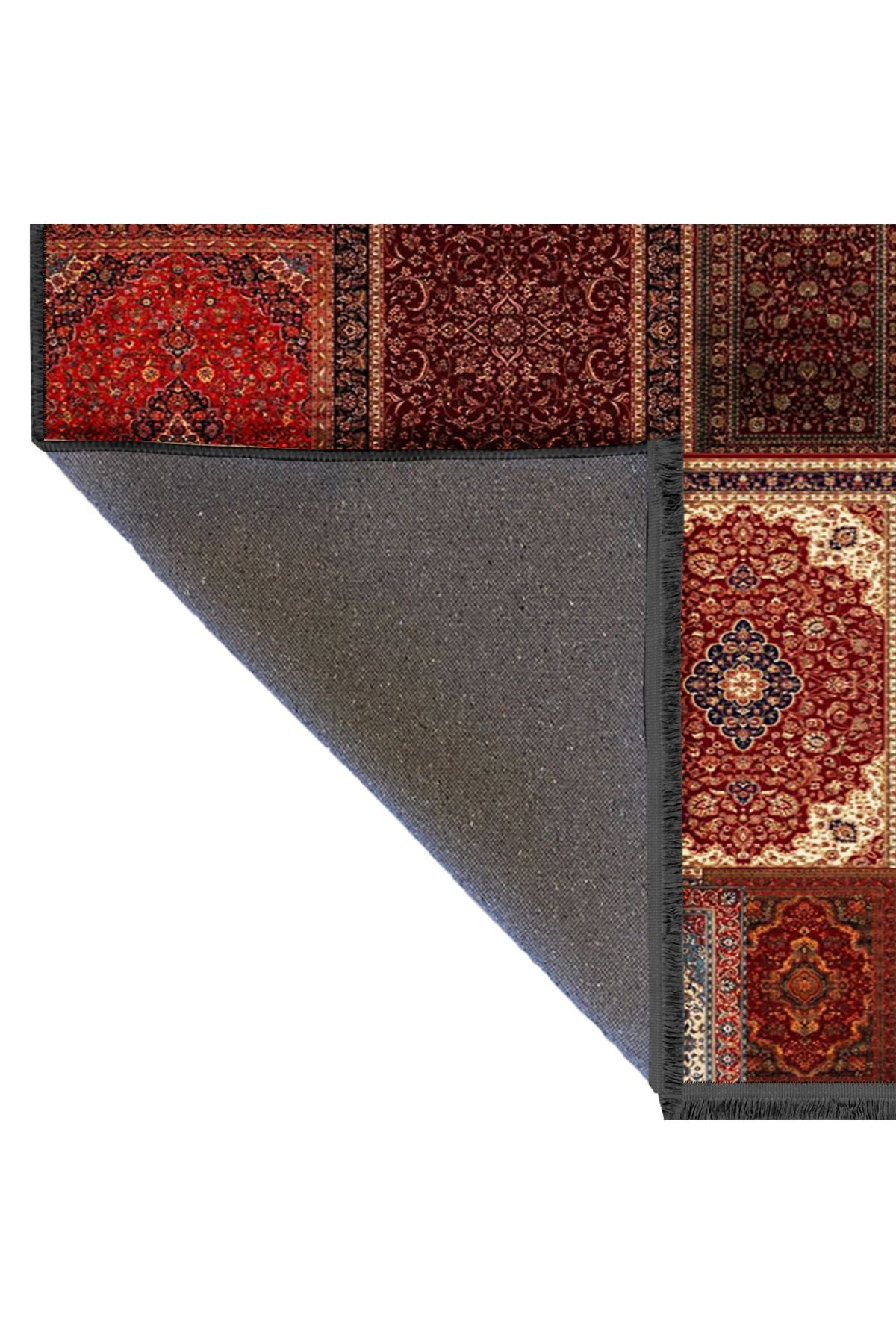 Kuvars Koleksiyonu Koyu Kırmızı Vintage Motifler Desenli Dokuma Taban Etnik Dekoratif Halı kuvars31
