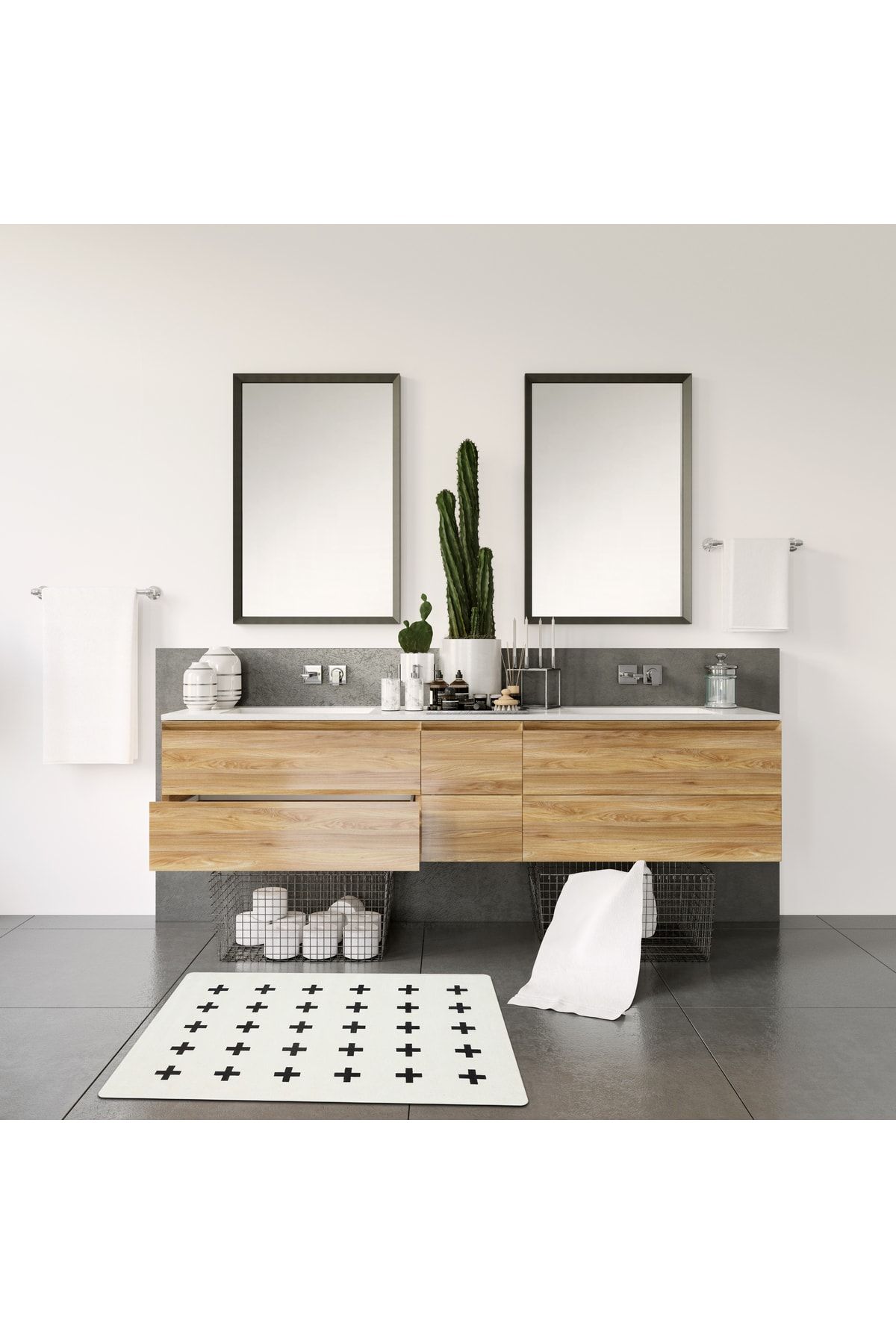 Minimal Stil Beyaz Siyah Artı Desenli Dokuma Paspas Ebat 52x82