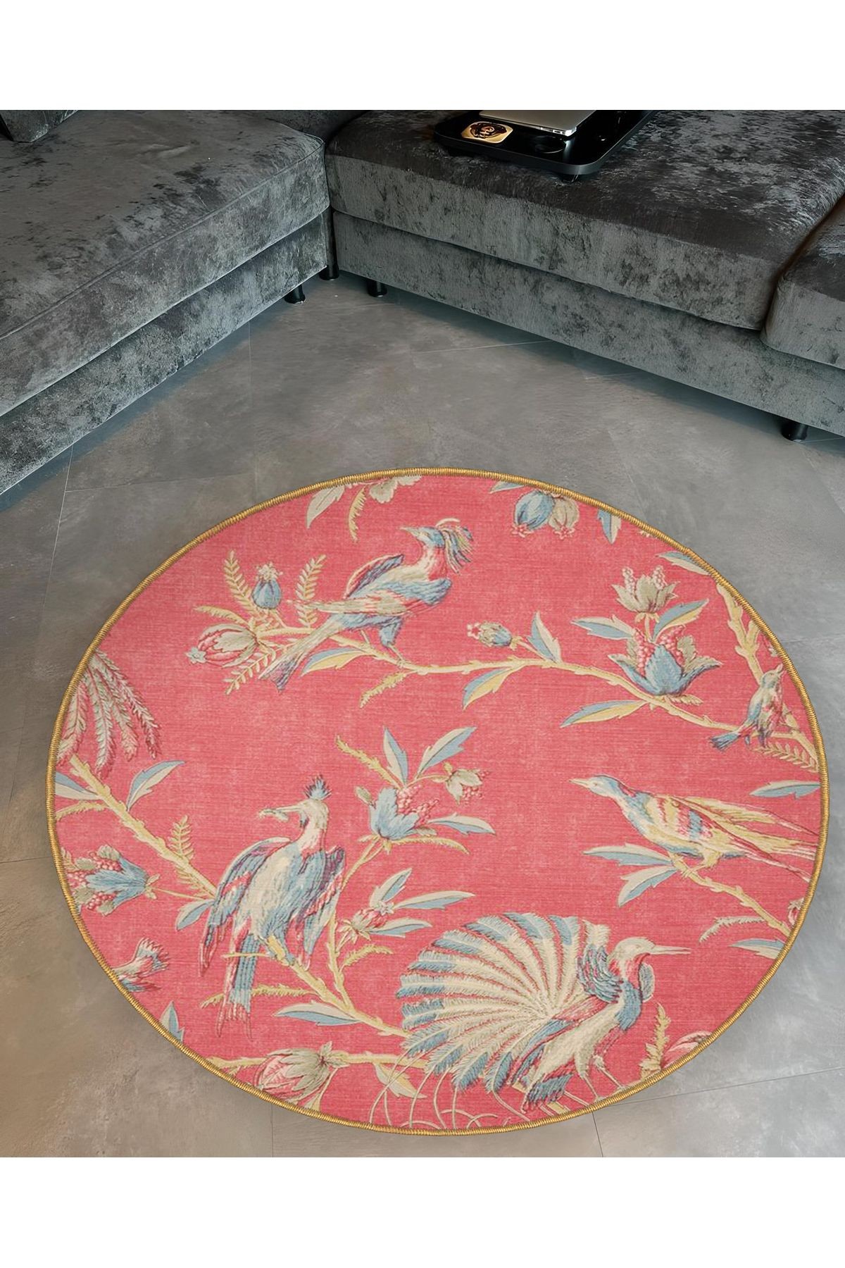 Pembe Temalı Ağaç Dalı ve Kuş Desenli Yuvarlak Dokuma Taban Modern Dekoratif Halı 6095