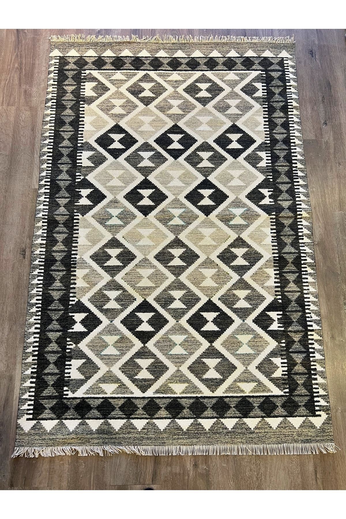 Cotton 564 Etnik Eskitme Desenli Füme Beyaz Dokuma Taban Kilim