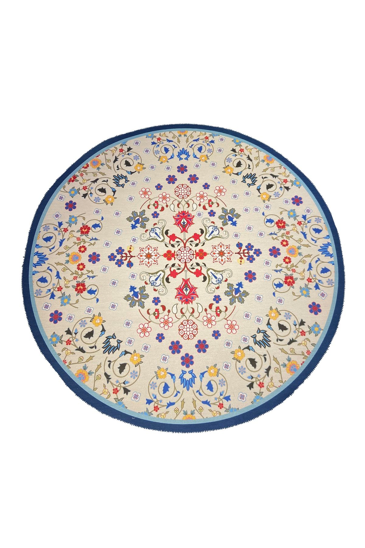 Mira 815 Çiçek Desen Mavi Tonlarında Dekoratif Kaymaz Taban Çap Yıkanabilir Halı