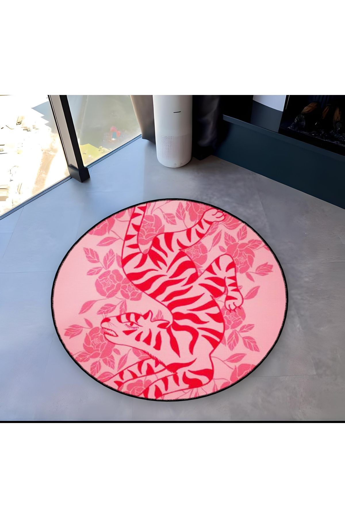 Pembe Tema Kaplan Desenli Yuvarlak Dokuma Taban Modern Dekoratif Halı 6112