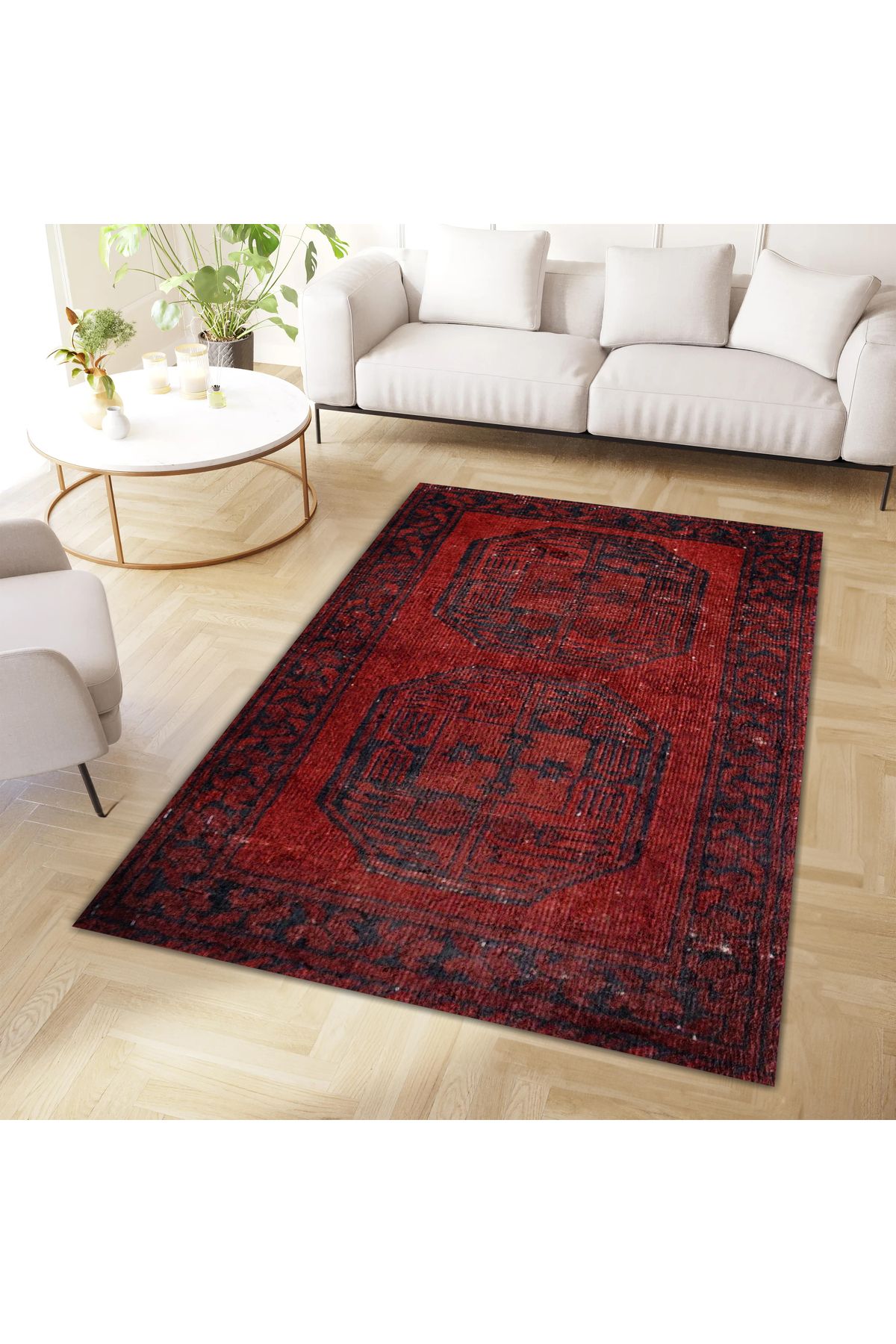 Asena Koleksiyonu Kırmızı Temalı Geleneksel Motif Desenli Vintage Dekoratif Halı 05