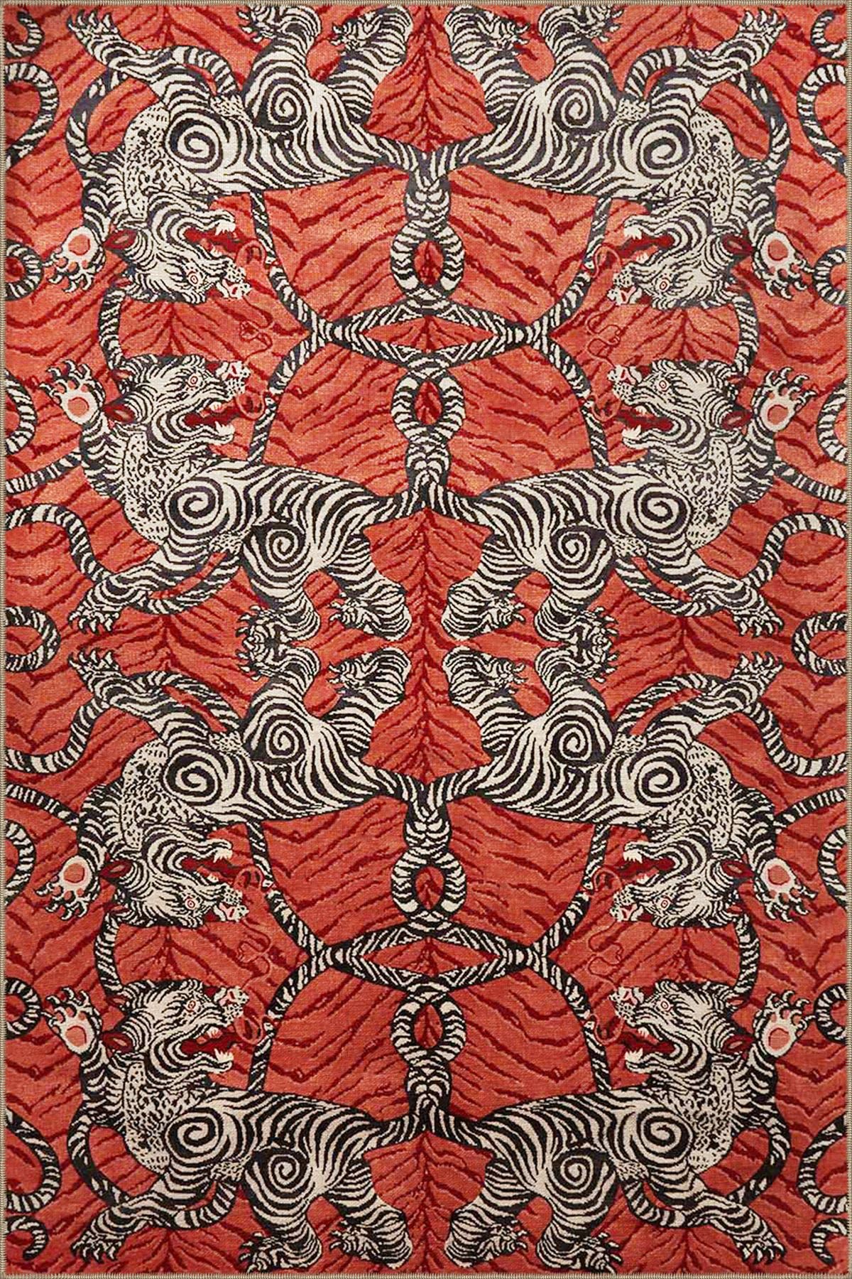 Turuncu Temalı Etnik Kaplan Desenli Vintage Dekoratif Halı 3358