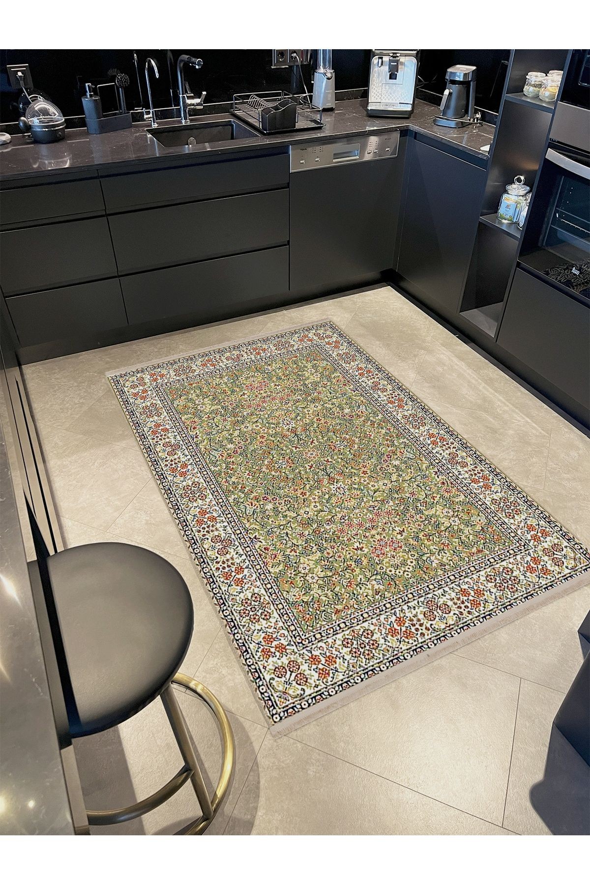 İnci Koleksiyonu Yeşil Temalı Çiçek Desenli Dokuma Taban Modern Dekoratif Halı inci73
