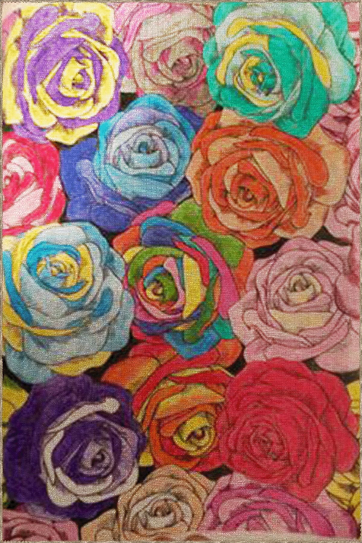 Çok Renkli Soyut Çiçek Gül Desenli Modern Dekoratif Halı 3475