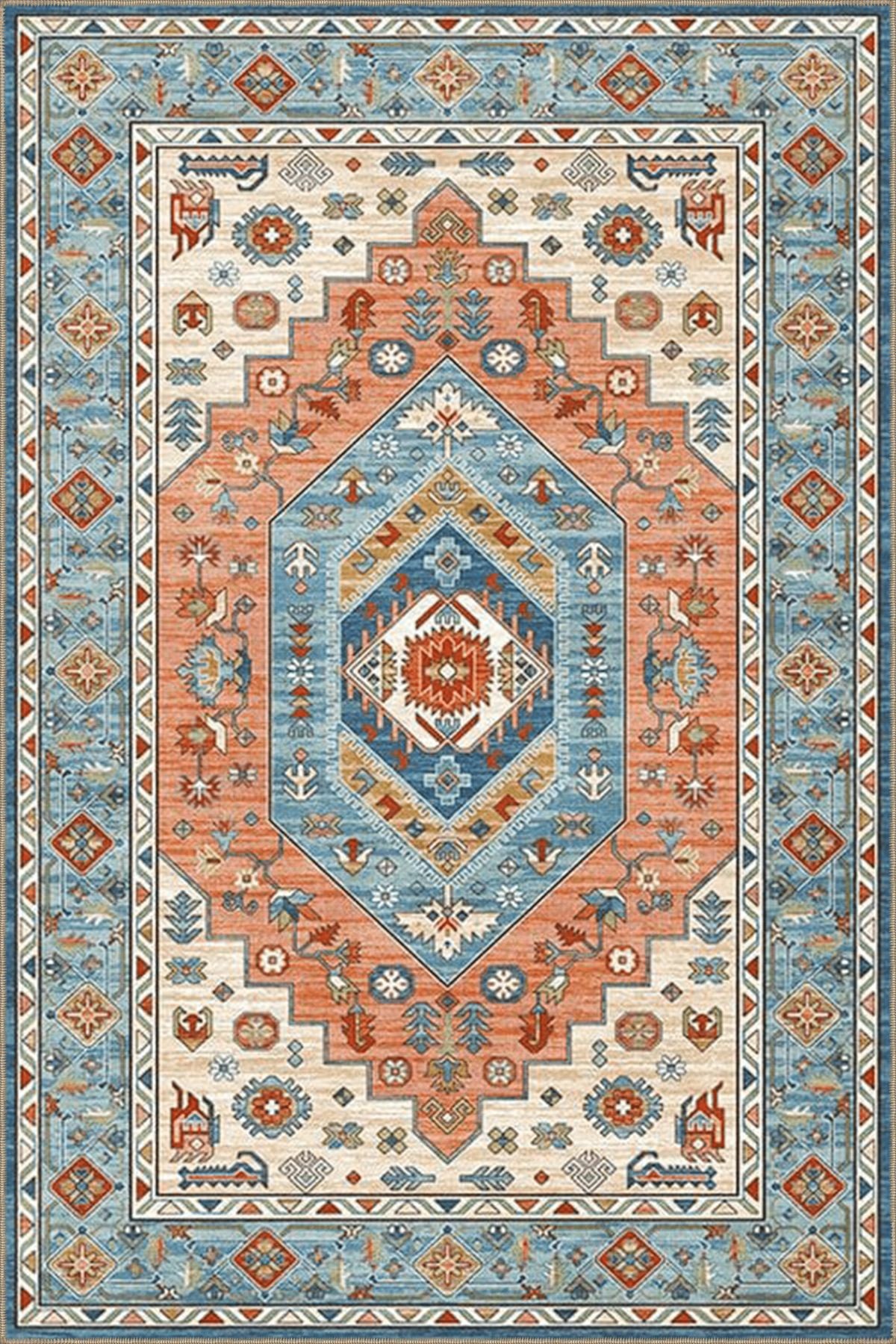 Gök Mavisi ve Turuncu Temalı Geleneksel Motif Desenli Vintage Dekoratif Halı 4895
