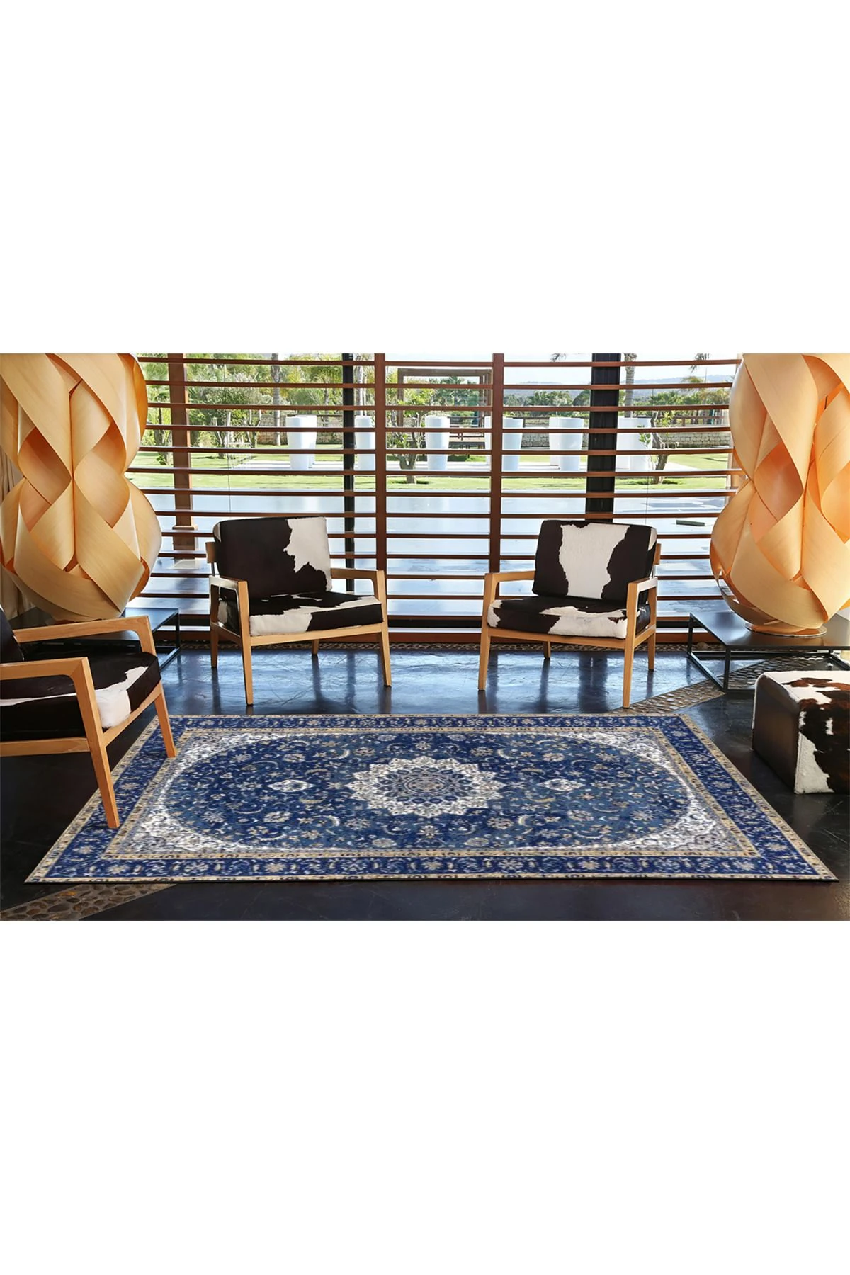 Lacivert Temalı Geleneksel Motif Etnik Çiçek Desenli Vintage Dekoratif Halı 4553