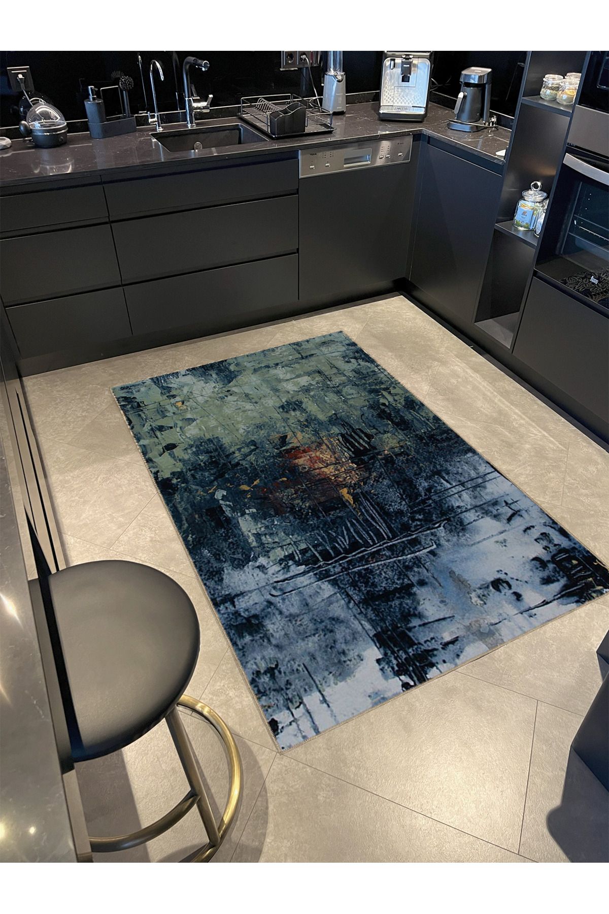 Lacivert Yeşil Temalı Pastel Soyut Desenli Kreatif Modern Dekoratif Halı 4968