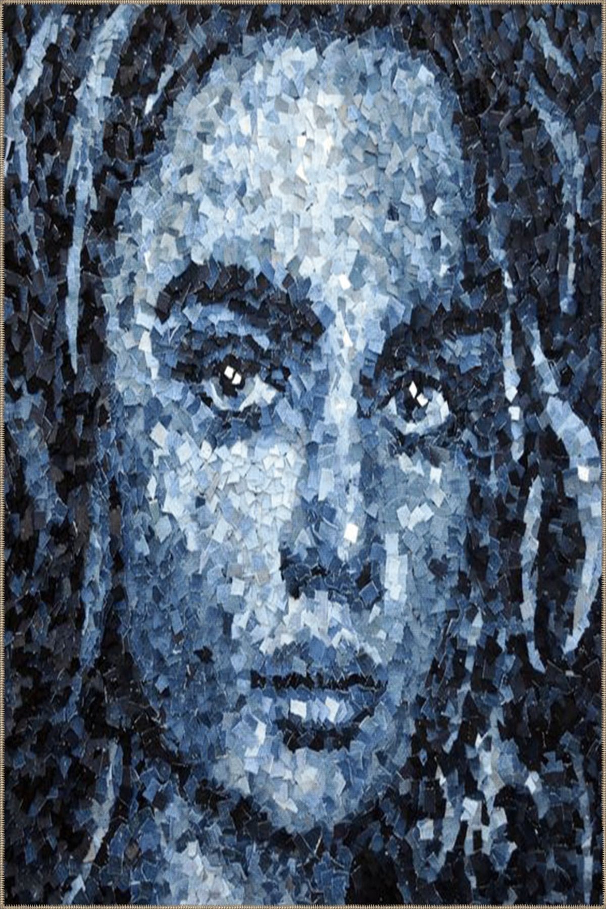 Siyah Mavi Temalı Soyut Kadın Portre Desenli Modern Dekoratif Halı 3556