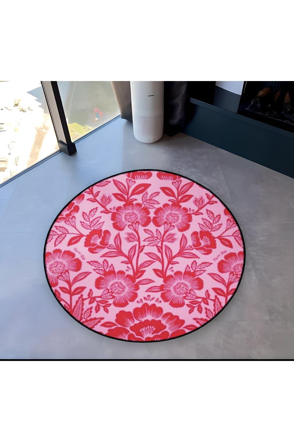 Pembe Temalı Çiçek Desenli Yuvarlak Dokuma Taban Modern Dekoratif Halı 6113