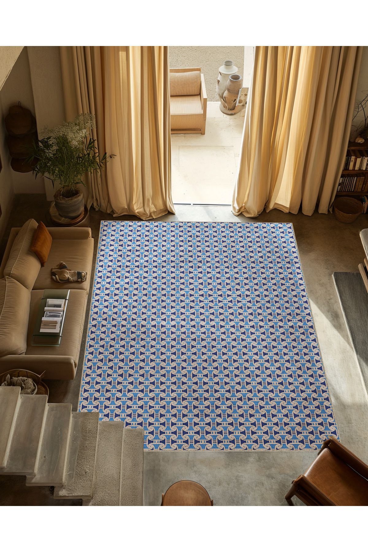 Mavi Temalı Karma Geometrik Desenli Kreatif Modern Dekoratif Halı 3351